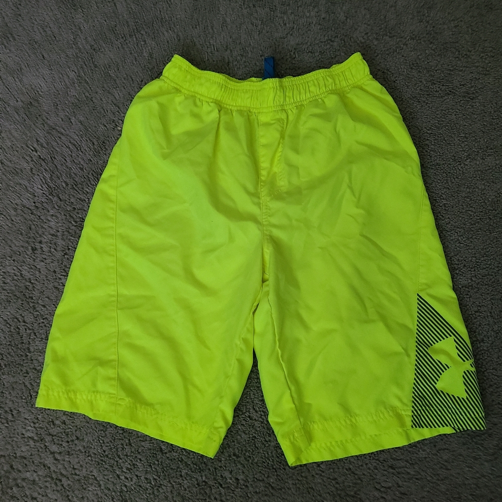Youth boy Under Armour swim shorts. Sz YLG. Fluorescent yellow with blue. Adjust